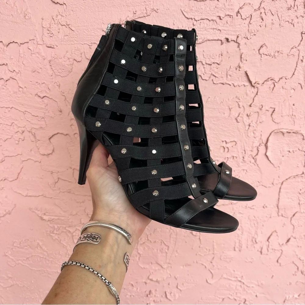 Michael Kors Leather Caged Studs Open Toe Booties Black Womens 7.5